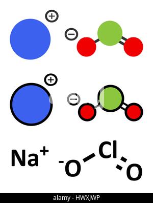 Il clorito di sodio, struttura chimica. Tradizionale formula scheletrico e stilizzate rappresentazioni. Illustrazione Vettoriale