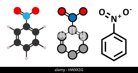 Il nitrobenzene molecola di solvente. Stilizzata 2D Rendering e tradizionale formula scheletrico. Illustrazione Vettoriale