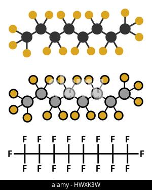 Perfluoroottano molecola. Stilizzata 2D Rendering e tradizionale formula scheletrico. Stilizzata 2D Rendering e tradizionale formula scheletrico. Illustrazione Vettoriale