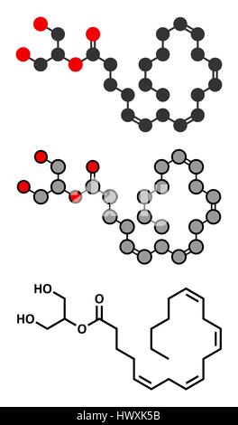 2-arachidonoylglycerol (2-AG) endocannabinoide neurotrasmettitore molecola. Stilizzata 2D Rendering e tradizionale formula scheletrico. Illustrazione Vettoriale