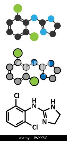 La clonidina molecola di farmaco. Usato nel trattamento dell' ADHD, ipertensione, emicrania, disturbi d'ansia, ecc. Stilizzata 2D Rendering e scheletriche convenzionale f Illustrazione Vettoriale