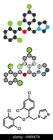 Isoconazolo farmaco antifungino molecola. Stilizzata 2D Rendering e tradizionale formula scheletrico. Illustrazione Vettoriale