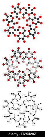 Beta-molecola di ciclodestrina. Utilizzato in prodotti farmaceutici, alimentari, prodotti deodoranti, ecc. Composta da molecole di glucosio. Stilizzata 2D Rendering e conven Illustrazione Vettoriale