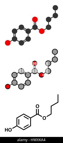 Butil paraben (butilparaben, butile 4-idrossibenzoato) conservante molecola. Stilizzata 2D Rendering e tradizionale formula scheletrico. Illustrazione Vettoriale