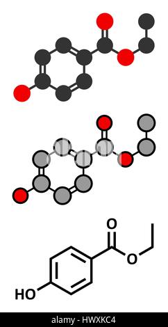 Etil paraben (etil para-idrossibenzoato) conservante molecola. Stilizzata 2D Rendering e tradizionale formula scheletrico. Illustrazione Vettoriale