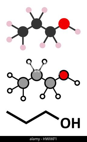 Il propanolo (n-propanolo) molecola di solvente. Stilizzata 2D Rendering e tradizionale formula scheletrico. Illustrazione Vettoriale