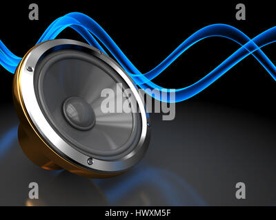 Abstract 3d immagine di sfondo scuro con audio altoparlante e onde sonore Foto Stock