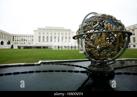 La sfera celeste Woodrow Wilson Memorial, a Ariana Park, il Palazzo delle Nazioni di Ginevra in Svizzera. Foto Stock