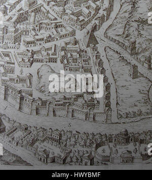 Questa incisione di Duperac, creata nel 1574, raffigura scene dell'antica Roma. Riflette il fascino rinascimentale dell'architettura romana e degli eventi storici, mostrando la grandezza e la sofisticatezza della civiltà romana. Foto Stock