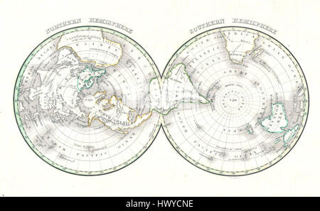 La mappa del mondo di Bradford del 1838 sulla proiezione polare offre una vista unica del globo, con l'emisfero settentrionale e meridionale raffigurati da un punto di osservazione polare, sottolineando l'accuratezza geografica e le tecniche cartografiche del tempo. Foto Stock