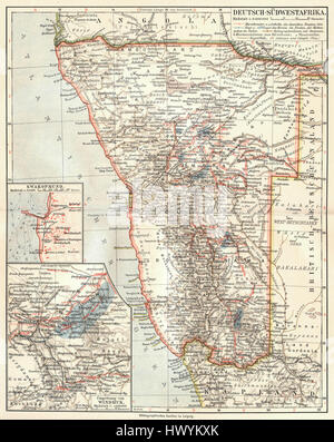 La mappa tedesca dell'Africa sudoccidentale del 1905 riflette i confini territoriali dell'era coloniale nell'Africa meridionale. Fornisce una rappresentazione dettagliata della geografia della regione durante il dominio tedesco, comprese città, strade e posti militari. Foto Stock