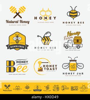 Set di honey bee logo ed etichette per prodotti di miele. Abstract bee e miele simboli logo. Illustrazione Vettoriale Illustrazione Vettoriale