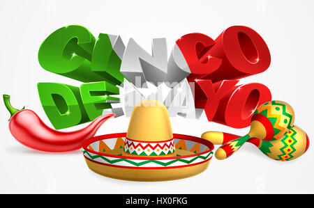 Un messicano di Cinco De Mayo Etichetta Etichetta di segno design con peperoncino rosso, paglia sombrero cappello per il sole e maracas shakers Foto Stock