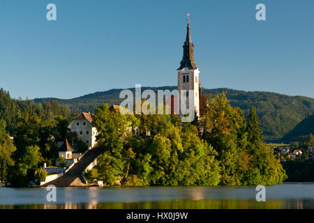 L'isola con l Assunzione di Maria la Chiesa si trova sul lago di Bled nelle Alpi Giulie. Uno della icona della Slovenia. Foto Stock