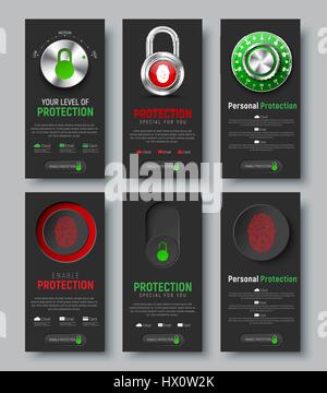 Set di nero verticale banner web per proteggere le informazioni. I modelli verticali con lucchetto, pulsante e interruttore con una impronta digitale, combinatio meccanica Illustrazione Vettoriale