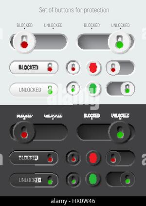 Set di cursori e interruttori con un rosso e verde lucchetto. I modelli per il bianco e nero interfaccia del sito o applicazione, i pulsanti per bloccare Illustrazione Vettoriale