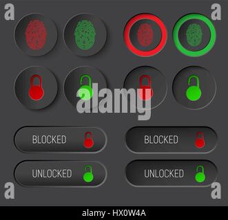 Il design dei pulsanti rotondi e rettangolari di angoli arrotondati. Modello per l'interfaccia scuro del sito o delle applicazioni con lucchetti per il bloccaggio e unl Illustrazione Vettoriale
