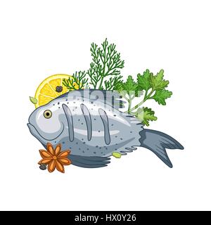 Piatto di pesce illustrazione vettoriale con spezie Illustrazione Vettoriale