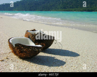 Aperto il cocco sulla spiaggia di sabbia di isola tropicale Foto Stock