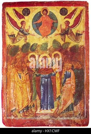 L'icona "Cristo Ascensione" del XVI secolo, attribuita alla scuola Michurin in Bulgaria, raffigura l'ascensione di Cristo al cielo. L'icona segue metodi artistici tradizionali bizantini con un profondo simbolismo religioso. Foto Stock