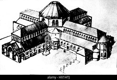 La chiesa di San Simeone, situata a Qalaat Seman, in Siria, fu originariamente costruita intorno al 470 d.C. Questa ricostruzione mostra lo stile architettonico delle chiese paleocristiane della regione, con particolare enfasi sui suoi mosaici ben conservati e sulle intricate opere in pietra. Foto Stock