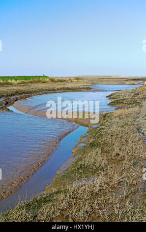 Un torrente a bassa marea nelle saline sulla costa North Norfolk a Thornham, Norfolk, Inghilterra, Regno Unito. Foto Stock