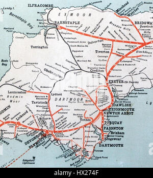 Questa mappa del Devon, prodotta dalla Great Western Railway (GWR), mostra la rete ferroviaria della regione. Riflette lo sviluppo del trasporto ferroviario nell'Inghilterra del XIX secolo, in particolare il ruolo della GWR nel collegare il Devon ad altre parti del paese. Foto Stock
