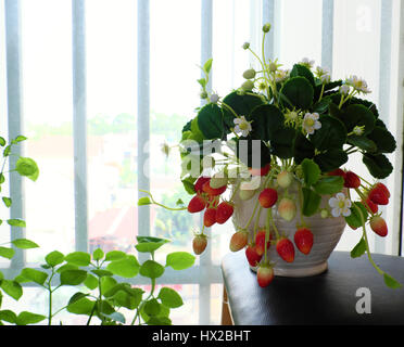 Incredibile argilla arte floreale con fragola pentola fare da argilla con fiore bianco, rosso fragole mature e foglia verde, prodotto artigianale per arredamento di casa Foto Stock