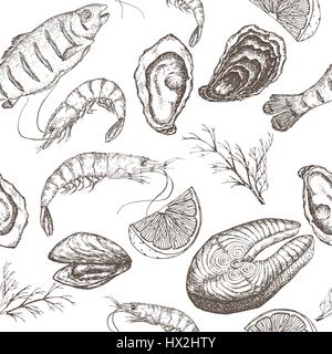 Disegnato a mano il vettore di frutti di mare modello senza giunture Illustrazione Vettoriale