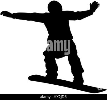 Snowboard maschio di concorrenza snowboarder jump silhouette nera Foto Stock