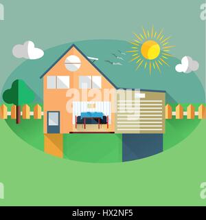 Paesaggio con una casa, su uno sfondo di una giornata di sole in flat styleclouds, uccelli, country house, Illustrazione Vettoriale