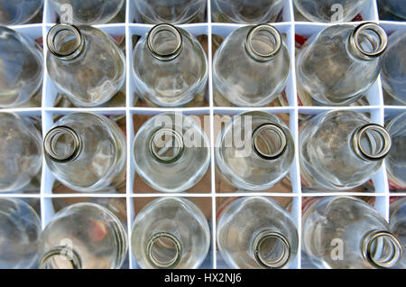 Soda vuota di bottiglie di vetro dopo l'utilizzo per il riciclo o riutilizzo foto in cloud esterni di bassa illuminazione. Foto Stock