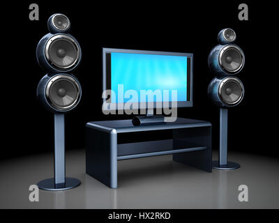 3d illustrazione del sistema home theater electronics su sfondo scuro Foto Stock