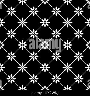 Geometrico bianco seamless pattern in con fiori su sfondo nero Illustrazione Vettoriale