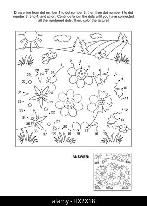 In tema di Pasqua collega i punti foto puzzle e la colorazione di pagina con tre uova dipinte. Risposta inclusa. Illustrazione Vettoriale