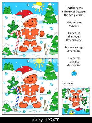 Anno nuovo o il Natale visual puzzle: trovare le sette differenze tra le due immagini con lo zenzero l'uomo. Risposta inclusa. Illustrazione Vettoriale