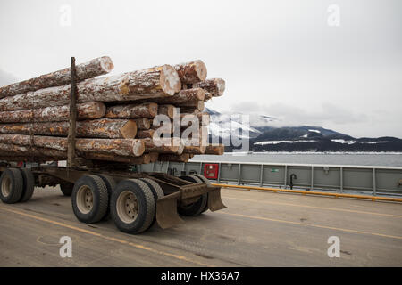 SHELTER BAY, BC, Canada - Febbraio 03, 2017: registrazione di un camion che trasportano registri su un traghetto da Shelter Bay, British Columbia, Canada. ( Ryan Carter ) Foto Stock