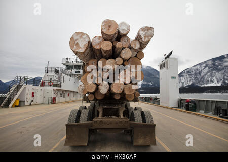 SHELTER BAY, BC, Canada - Febbraio 03, 2017: registrazione di un camion che trasportano registri su un traghetto da Shelter Bay, British Columbia, Canada. ( Ryan Carter ) Foto Stock