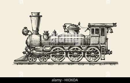 Locomotiva vintage. Disegnate a mano treno retrò. Schizzo, illustrazione vettoriale Illustrazione Vettoriale