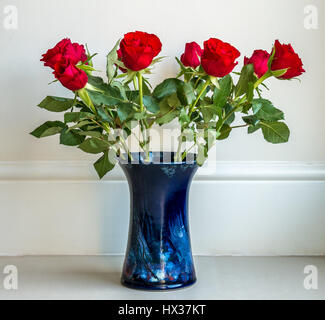 Disposizione semplice di deep Red Rose in blu vaso in ceramica contro la pianura neutro sfondo color crema Foto Stock