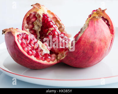 La maturazione dei frutti di melograno e suddiviso in quattro parti, su un bianco piastra di porcellana. La piastra con un confine di melograno. Foto Stock