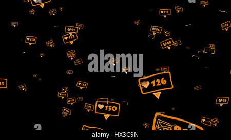 Le icone di colore arancione dei social media le notifiche di amici, seguaci, ama, messaggi. 3d'illustrazione. Foto Stock