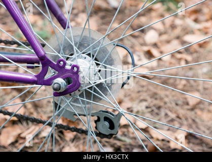 Bicicletta mozzo posteriore, viola il telaio e la ruota Foto Stock