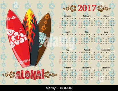 American vettore Aloha calendario 2017 con tavole da surf, a partire dalla domenica Illustrazione Vettoriale