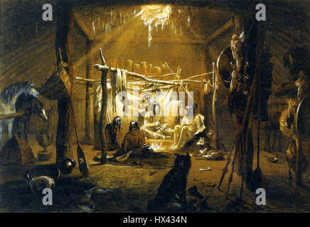 Interno della capanna di un Mandan Chief, mixed media da Karl Bodmer Foto Stock