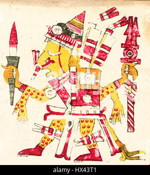 Itztapaltotec è una divinità della mitologia azteca, associata al sole e al calore. Il "codice Borgia" è un documento mesoamericano precolombiano contenente illustrazioni di dei e rituali. Questo riferimento si collega probabilmente a un dio azteco raffigurato nel codice, che mostra il ruolo delle divinità nella religione e nella società mesoamericana. Foto Stock