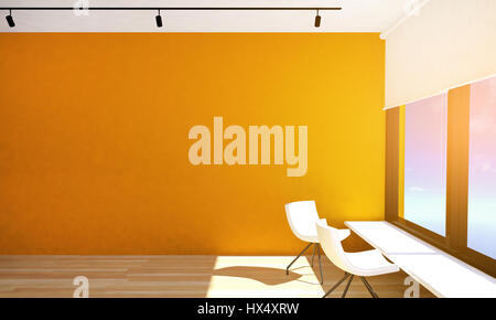 Camera vuoto interno con orange parete e pavimento in parquet con grandi finestre e lampade da soffitto, rendering 3D Foto Stock