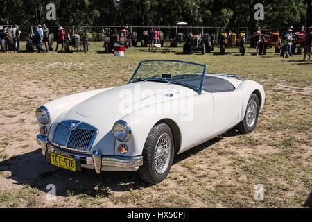 Un bianco del 1959-60 MG una vettura sportiva, 1600cc con copertura vano di carico ad una fiera di paese Australia. Foto Stock