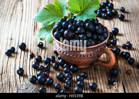 Ribes nero organico nella tazza di ceramica rustico di legno, il tempo del raccolto Foto Stock