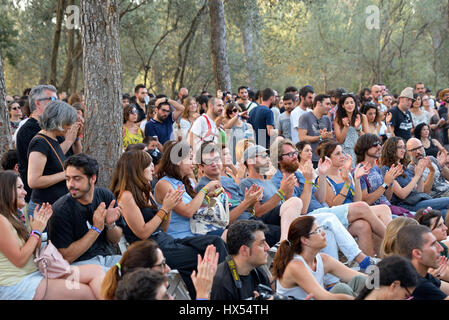 Barcellona - Lug 3: Persone dal pubblico di guardare un concerto presso la Vida Festival il 3 luglio 2015 a Barcellona, Spagna. Foto Stock